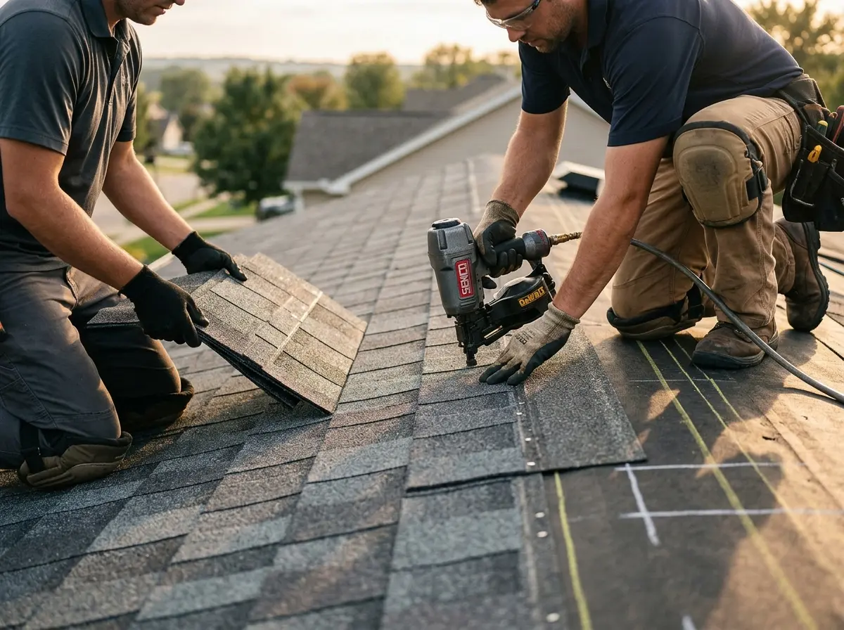 Professional roofer working on a residential roof in San Angelo